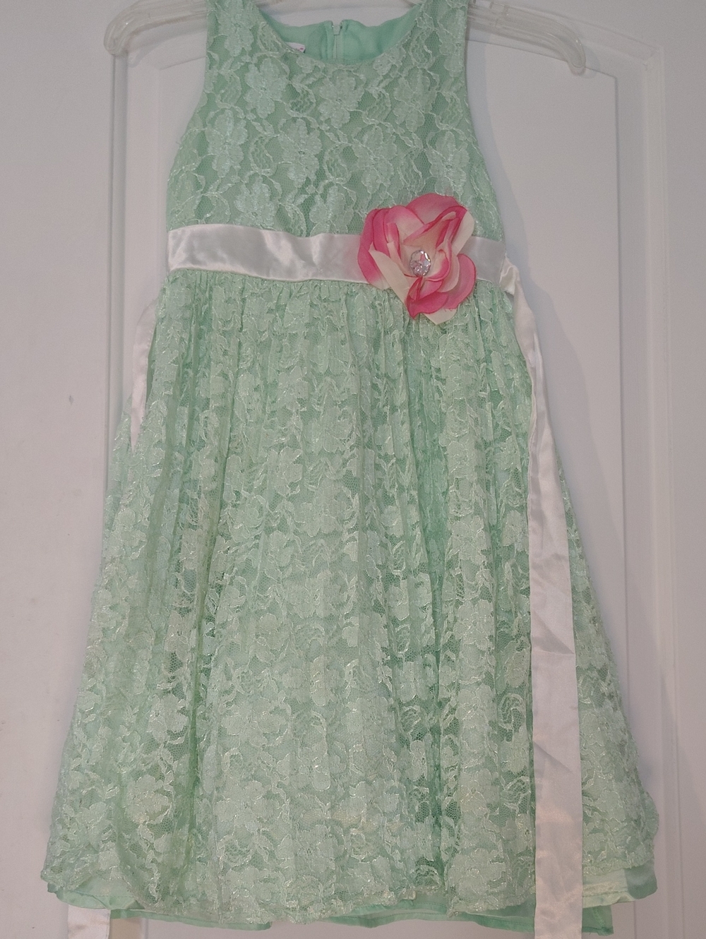 Girls Mint Lace Flower Sash Dress